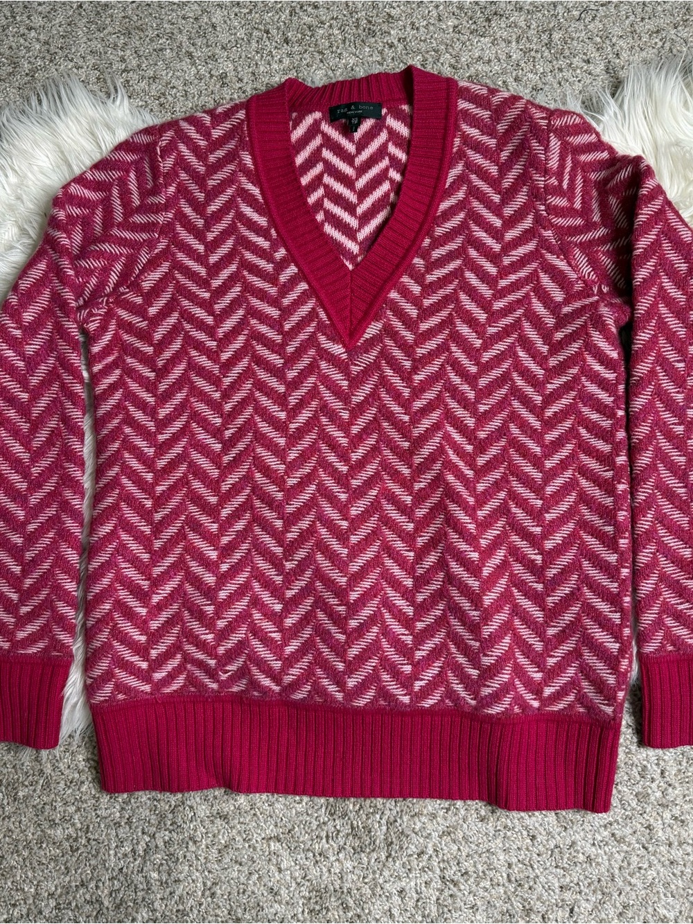Rag & Bone Wool Blend Cozy Pink Chevron Sweater V Neck XS